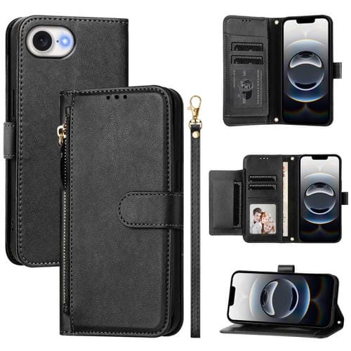 Funda Tipo Billetera de Cuero con Cremallera y Ranuras para Tarjetas para iPhone 16E (Negra)