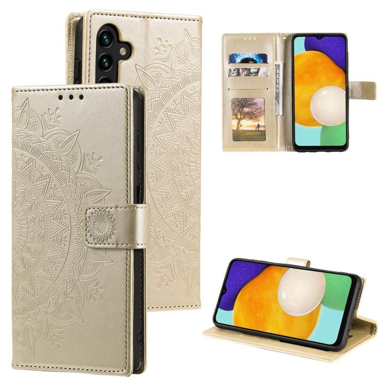 Funda de cuero con relieve de flor tótem y cordón para Samsung Galaxy S25 FE 5G (dorada)