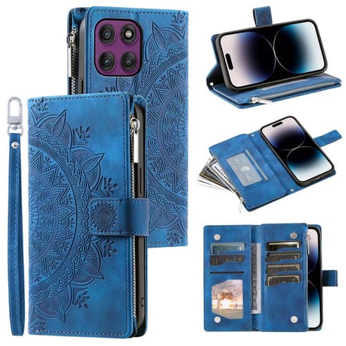 Funda de cuero con cremallera y múltiples tarjetas para Motorola Edge 60 Pro (azul)