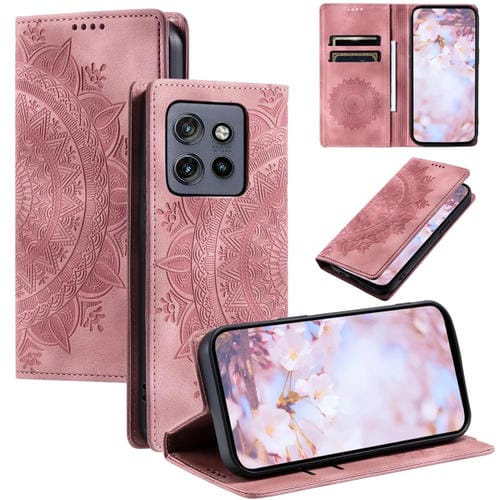 Funda de Cuero Magnética con Relieve Totem para Motorola Edge 50 Neo (Oro Rosa)
