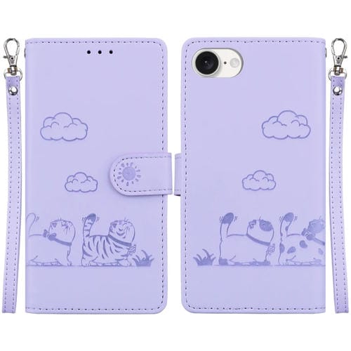 Funda de Piel Rfid para iPhone 16E Diseño de Gatos (Morado)