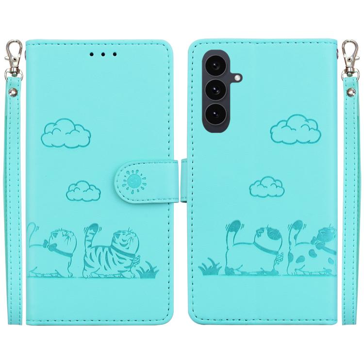 Funda de cuero RFID con diseño de gatos para Samsung Galaxy S25 FE 5G (verde)