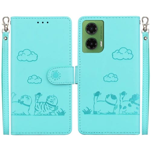 Funda de Cuero Rfid para Motorola Moto G35 con Diseño de Gatos (Verde)