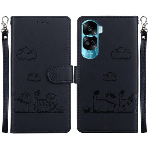 Funda de Cuero Rfid para Honor 90 Lite con Diseño de Gatos (Negra)