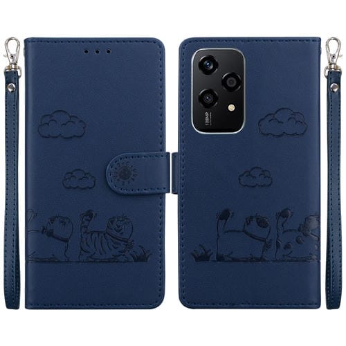 Funda de Cuero Rfid para Honor 200 Lite con Diseño de Gatos (Azul)