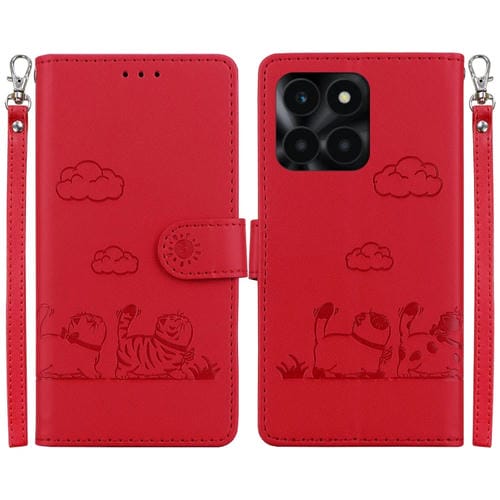 Funda de Cuero Rfid para Honor X6A con Diseño de Gatos (Roja)