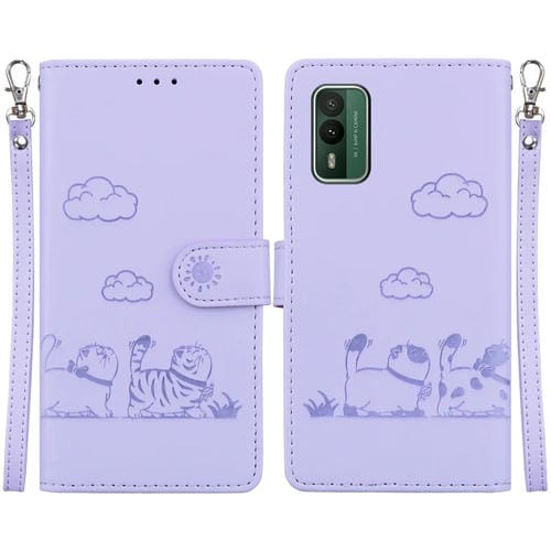 Funda de Cuero Rfid para Nokia Xr21 con Diseño de Gatos (Morado)