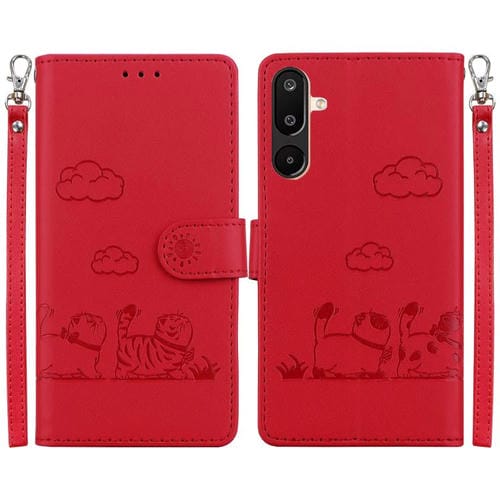 Funda de piel con RFID y diseño de gatos para Samsung Galaxy M16 5G / F16 5G / M36 5G (roja)
