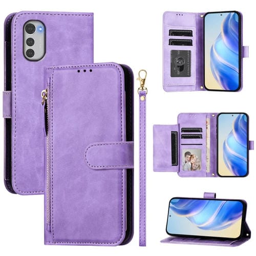 Funda de Cuero con Cremallera y Ranuras para Tarjetas Motorola Moto E32 Global (Morado)