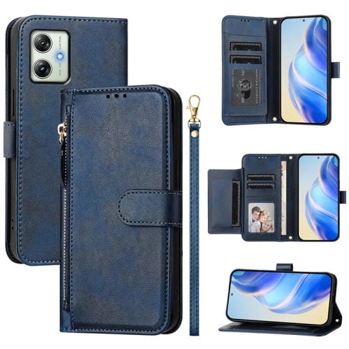 Funda de Cuero con Cremallera y Ranuras para Tarjetas para Motorola Moto G64/G54 (Azul)