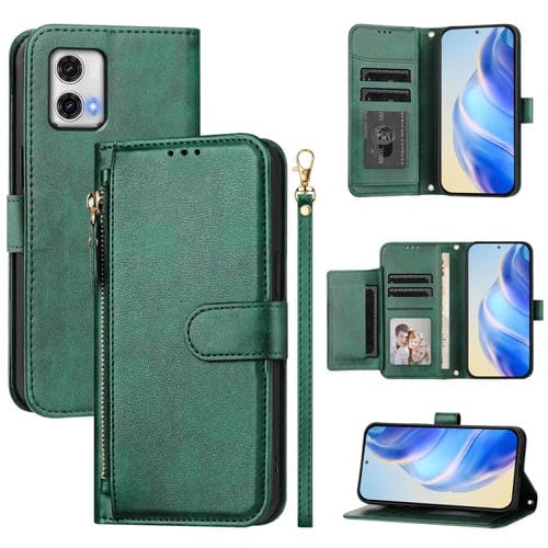 Funda de Cuero para Motorola Moto G73 con Cremallera y Ranuras para Tarjetas (Verde)