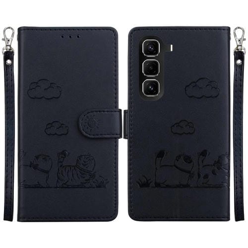 Funda de cuero RFID con diseño de gatos para Infinix Hot 50 Pro+ 4G (negra)