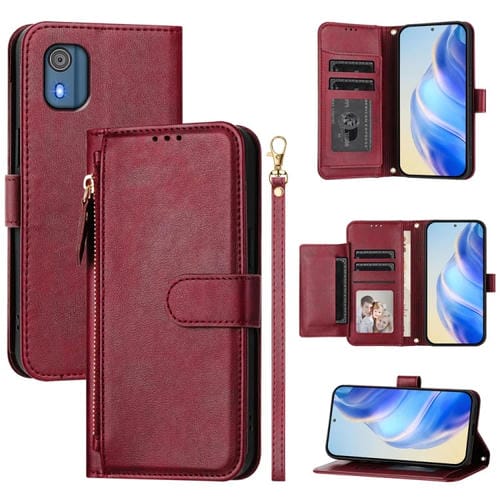 Funda de Cuero con Cremallera y Ranuras para Tarjetas para Nokia C10/C20 (Rojo Oscuro)