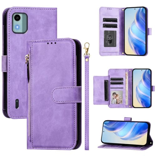 Funda de Cuero Tipo Billetera para Nokia C12 con Cremallera y Ranuras para Tarjetas (Morado)