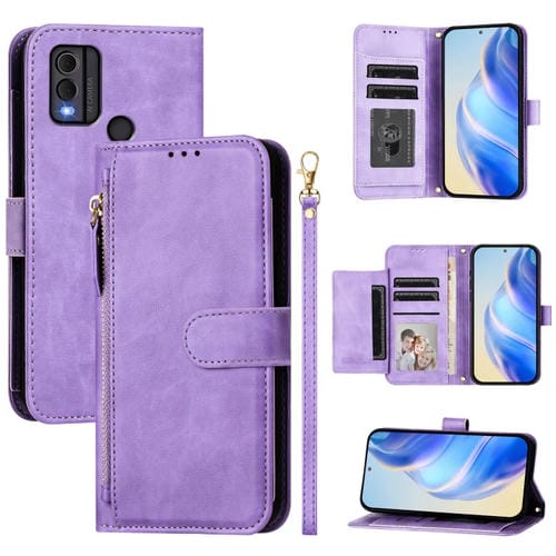 Funda de Cuero Tipo Billetera con Cremallera y Ranuras para Tarjetas para Nokia C22 (Morado)