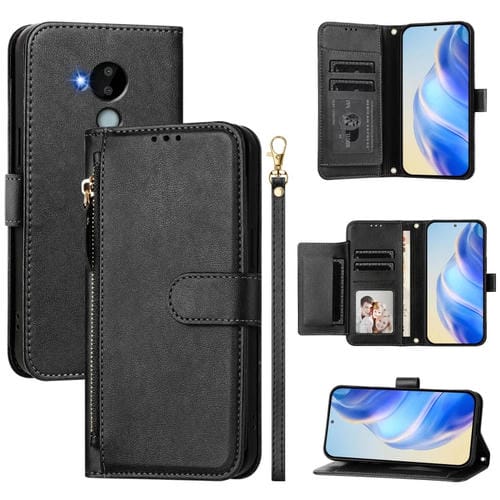 Funda de Cuero Tipo Billetera para Nokia C30 con Cremallera y Ranuras para Tarjetas (Negra)