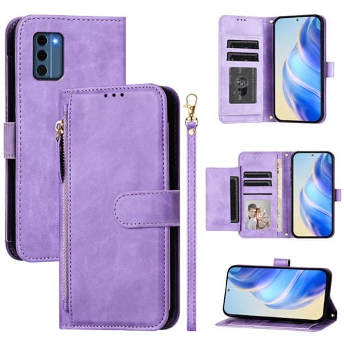 Funda de Cuero Tipo Billetera con Cremallera y Ranuras para Tarjetas para Nokia C300 (Morado)