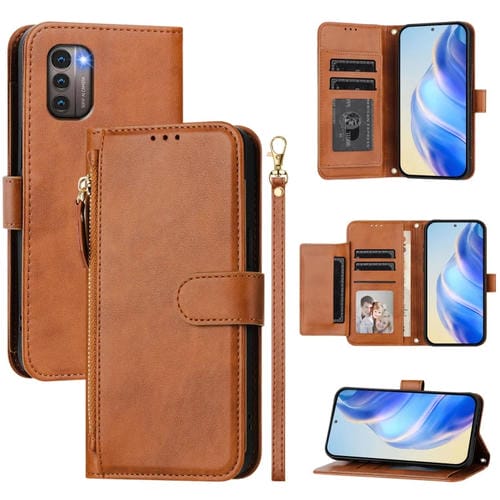 Funda de Cuero con Cremallera y Ranuras para Tarjetas para Nokia G21/G11 (Marrón)