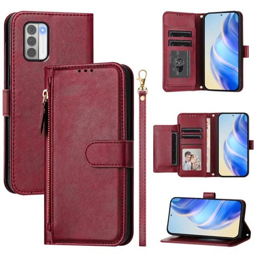 Funda de Cuero con Cremallera y Ranuras para Tarjetas para Nokia G42/G310 (Rojo Oscuro)