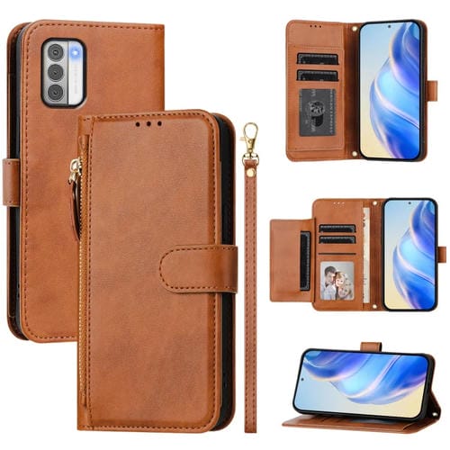Funda de Cuero con Cremallera y Ranuras para Tarjetas para Nokia G42/G310 (Marrón)