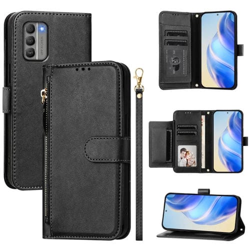 Funda de Cuero Tipo Billetera para Nokia G400 con Cremallera y Ranuras para Tarjetas (Negra)