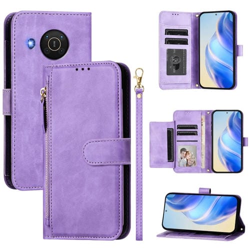 Funda de Cuero con Cremallera y Ranuras para Tarjetas para Nokia X20/X10 (Morado)