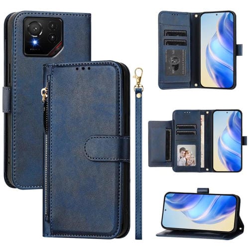Funda de Cuero con Cremallera y Ranuras para Múltiples Tarjetas para Asus Rog Phone 9 y 9 Pro (Azul)