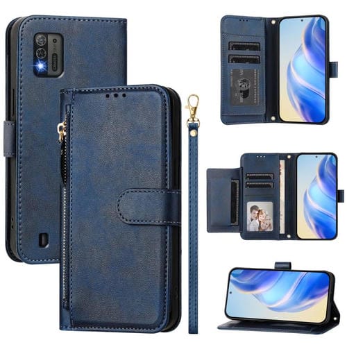 Funda de cuero con cremallera y ranuras para múltiples tarjetas para ZTE Blade A52 Lite (azul)
