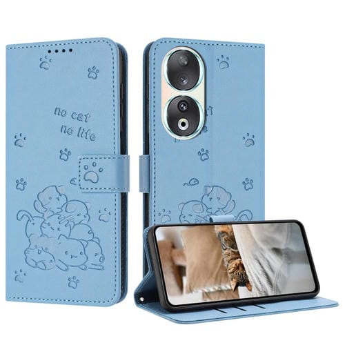 Funda de Cuero para Honor 90 con Diseño de Gatito en Relieve y Cordón (Azul)