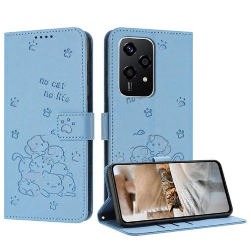 Funda de Cuero con Estampado de Gatito y Cordón para Honor 200 Lite 5G (Azul)