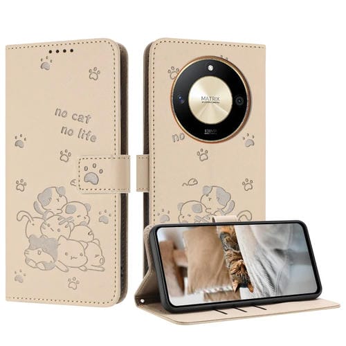 Funda de Piel para Honor X50/X9B con Diseño de Gatito en Relieve y Cordón (Beige)