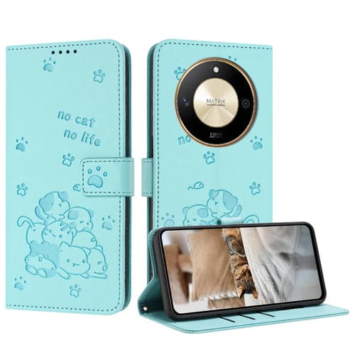 Funda de Piel para Honor X50/X9B con Diseño de Gatito en Relieve y Cordón (Verde Menta)