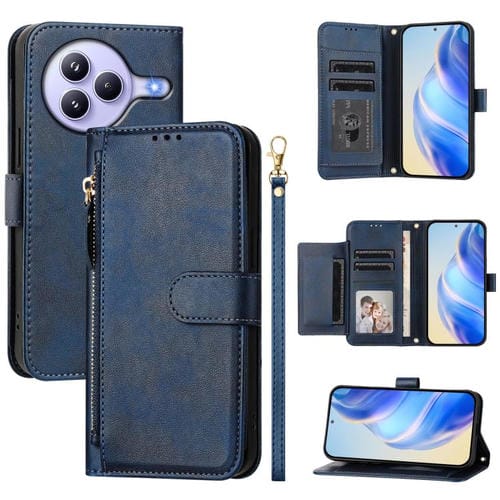 Funda de cuero con cremallera y ranuras para múltiples tarjetas para Xiaomi Civi 5 Pro (azul)
