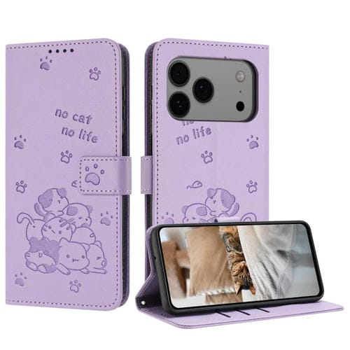 Funda de piel con diseño de gatito en relieve para iPhone 17 Pro Max con cordón (morado)