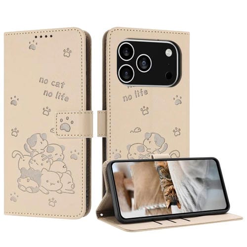 Funda de piel con diseño de gatito en relieve para iPhone 17 Pro con cordón (beige)