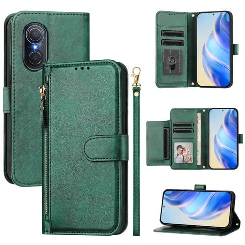 Funda de Cuero con Cremallera y Ranuras para Múltiples Tarjetas para Honor 50 Se (Verde)