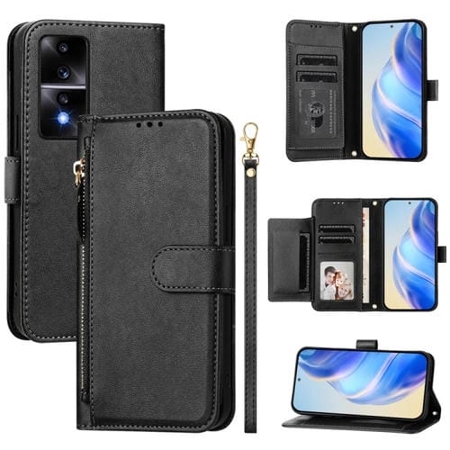 Funda de Cuero con Cremallera y Ranuras para Tarjetas para Honor 80 Gt (Negra)