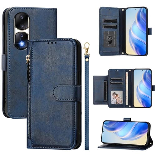 Funda de Cuero con Cremallera y Ranuras para Múltiples Tarjetas Honor 90 Pro (Azul)