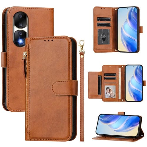 Funda de Cuero con Cremallera y Ranuras para Múltiples Tarjetas para Honor 90 Pro (Marrón)