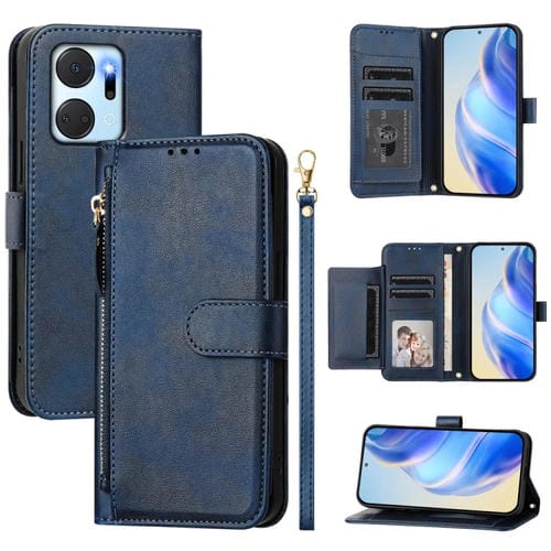 Funda de Cuero con Cremallera y Ranuras para Múltiples Tarjetas para Honor X7A 4G y Play7T 5G (Azul)