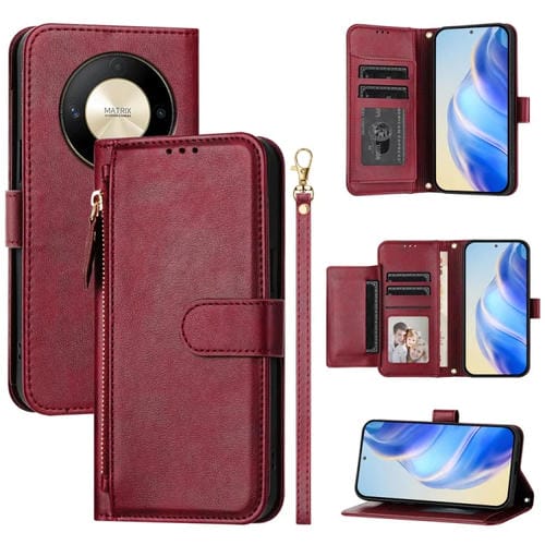 Funda de Cuero con Cremallera y Ranuras para Múltiples Tarjetas para Honor X9B y Magic6 Lite 5G (Rojo Oscuro)