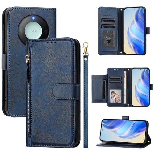 Funda de Cuero con Cremallera y Ranuras para Tarjetas para Honor X60/X9C (Azul)