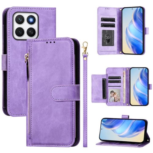 Funda de Cuero Tipo Billetera para Honor X8C 4G con Cremallera y Ranuras (Morado)