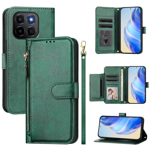 Funda de cuero con cremallera y ranuras para múltiples tarjetas para Honor X6c 4G (verde)