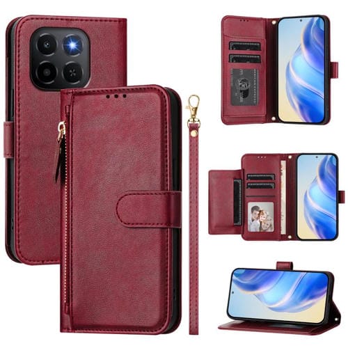 Funda de cuero con cremallera y ranuras para múltiples tarjetas para Honor X6c 4G (rojo oscuro)