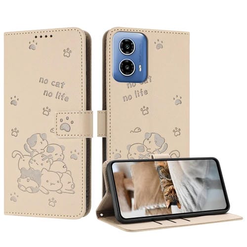 Funda de Cuero Motorola Edge 50 Fusion Diseño Gatito En Relieve con Cordón (Beige)