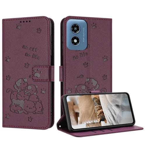 Funda de Piel Motorola Moto G Play 4G (2024) con Diseño de Gatito y Cordón (Rojo Vino)