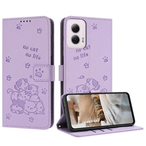 Funda de Cuero Motorola Moto G Power 5G 2024 con Diseño de Gatito en Relieve y Cordón (Morado)
