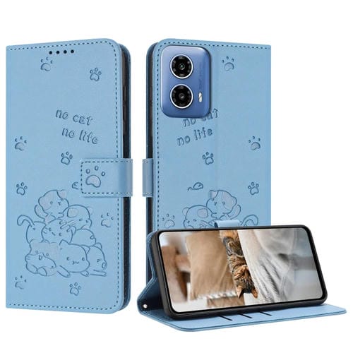 Funda de Cuero Motorola Moto G Stylus 5G (2024) con Diseño de Gatito y Cordón (Azul)