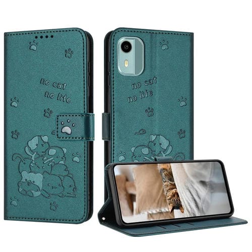 Funda de Cuero para Nokia C12 con Diseño de Gatito en Relieve y Cordón (Verde Oscuro)